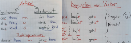 Fotos von zwei Tafelbildern: Artikel und Konjugation von Verben