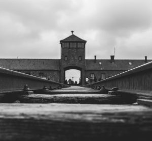 Das Schwarz-Weiß-Bild zeigt das Eingangstor des Konzentrationslagers Auschwitz-Birkenau. Im Vordergrund verlaufen Eisenbahnschienen, die direkt auf das Tor zulaufen.