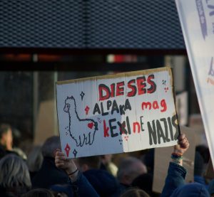 Demonstration gegen Rechts mit einem Transparent "Dieses Alpaka mag keine Nazis"