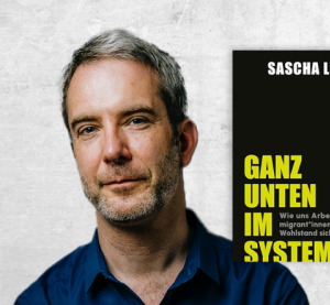 Es ist Sasche Lübnbe abgebildet, und rechts von Ihm sein Buch "Ganz unten im System".