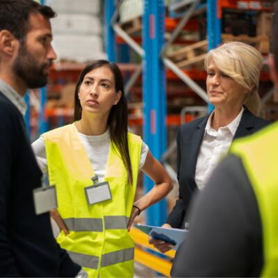 Vier Personen stehen im Kreis in einer Lagerhalle und unterhalten sich. Zwei Personen tragen Warnwesten, zwei sind Business Casual gekleidet.