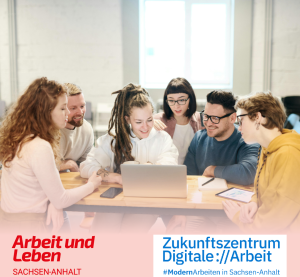 Sechs jüngere Erwachsene sitzen um einen Laptop herum.