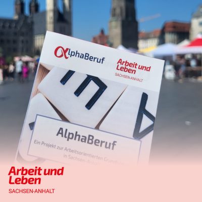 Der Flyer vom Projekt AlphaBeruf wird vor die Kamera gehalten, im Hintergrund der Marktplatz von Halle (Saale).